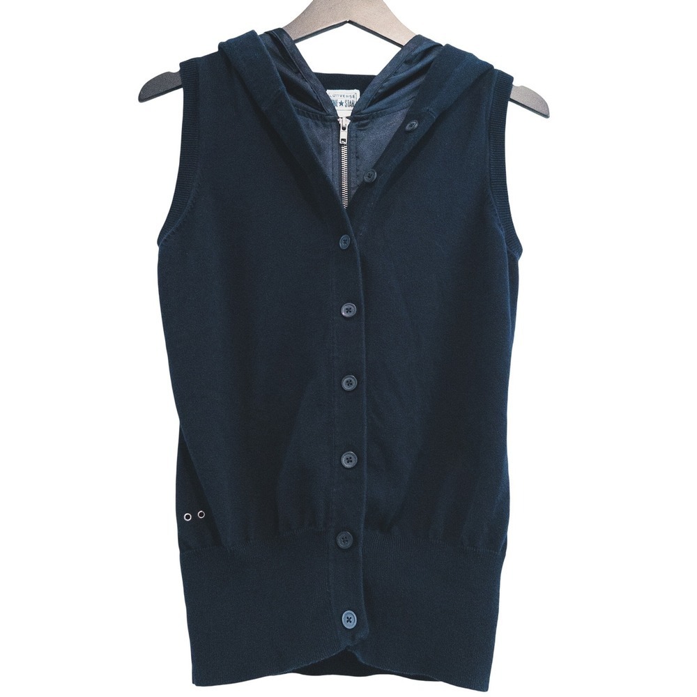 Converse‎ One Star Hooded Vest Womens M Navy Blue Double Full Zip Button Knit